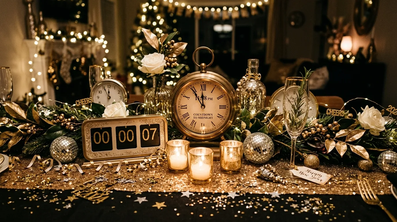 Use florals or branches to keep the room feeling fresh inspiration for a New Year celebration setting.